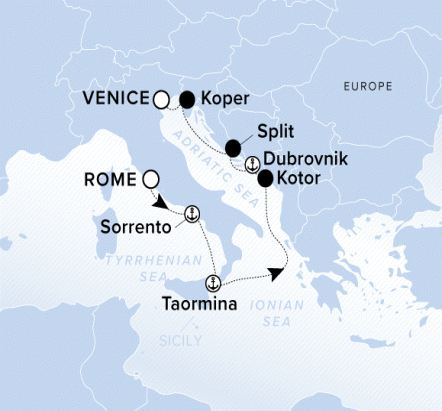The Ritz-Carlton Evrima A map showing Europe, the Tyrrhenian Sea, Ionian Sea and Adriatic Sea. A line shows the voyage route from Rome to Sorrento, Taormina, Kotor, Dubrovnik, Split, Koper and Venice.