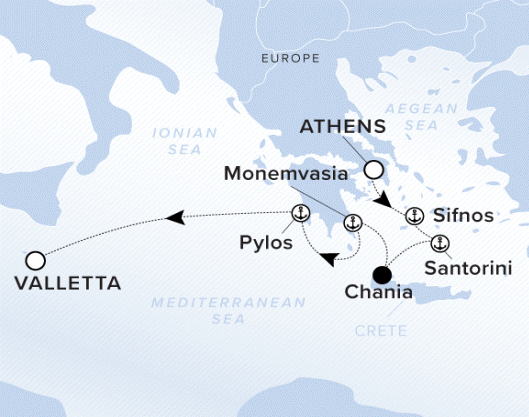 The Ritz-Carlton Evrima A map showing the Mediterranean Sea and Aegean Sea. A line shows the voyage route from Athens to Sifnos, Santorini, Chania, Monemvasia, Pylos and Valletta.