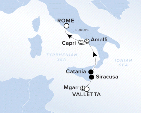 The Ritz-Carlton Evrima A map showing the Ionian Sea and Tyrrhenian Sea. A line shows the voyage route from Valletta to Mgarr, Siracusa, Catania, Amalfi, Capri and Rome.