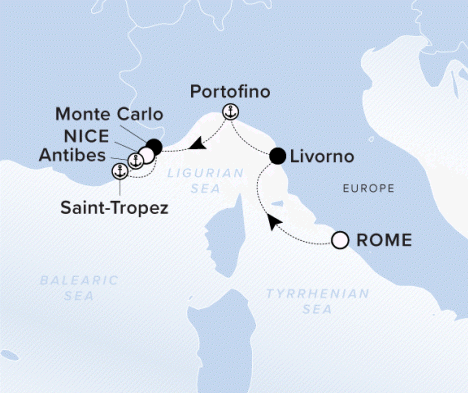 The Ritz-Carlton Evrima A map showing the Tyrrhenian Sea, Ligurian Sea and Balearic Sea. A line shows the voyage route from Rome to Livorno, Portofino, Monte Carlo, Saint-Tropez, Antibes and Nice.