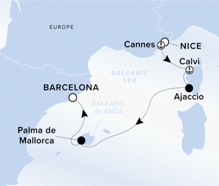 The Ritz-Carlton Evrima A map showing Europe and the Balearic Sea. A line shows the voyage route from Nice to Cannes, Calvi, Ajaccio, Ciutadella, Palma de Mallorca and Barcelona.