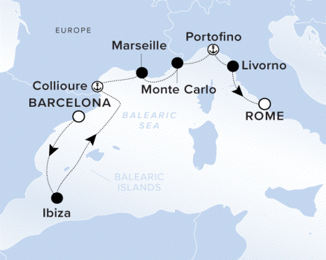 The Ritz-Carlton Evrima A map showing the Balearic Sea and Europe. A line shows the voyage route from Barcelona to Ibiza, Collioure, Marseille, Monte Carlo, Portofino, Livorno and Rome.