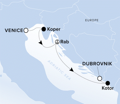 The Ritz-Carlton Evrima A map showing the Adriatic Sea and Europe. A line shows the voyage route from Venice to Koper, Rab, Kotor and Dubrovnik.