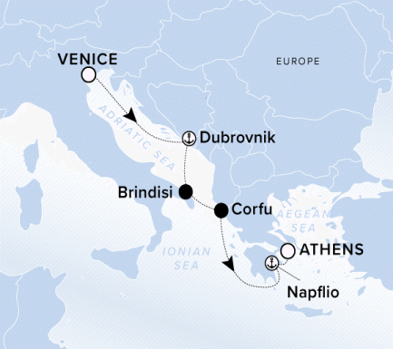 The Ritz-Carlton Evrima A map showing the Adriatic Sea and Ionian Sea. A line shows the voyage route from Venice to Dubrovnik, Brindisi, Corfu, Napflio and Athens.