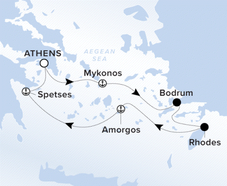 The Ritz-Carlton Evrima A map showing the Aegean Sea. A line shows the voyage route from Athens to Mykonos, Bodrum, Rhodes, Amorgos, Spetses and Athens.