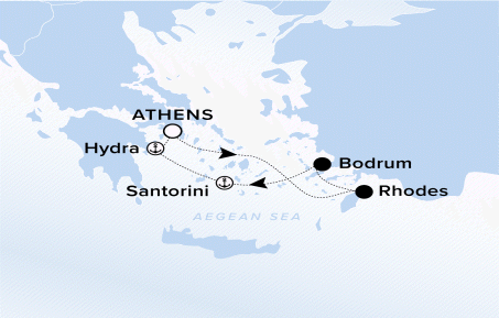 The Ritz-Carlton Evrima A map showing the Aegean Sea. A line shows the voyage route from Athens to Rhodes, Bodrum, Santorini, Hydra and Athens.