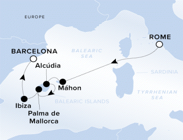 The Ritz-Carlton Evrima A map showing the Balearic Sea and Europe. A line shows the voyage route from Rome to Mahón, Alcúdia, Palma de Mallorca, Ibiza and Barcelona.