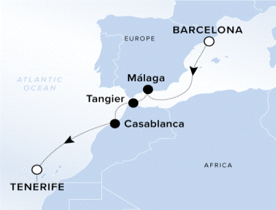 The Ritz-Carlton Evrima A map showing the Atlantic Ocean, Europe and Northern Africa. A line shows the voyage route from Barcelona to Málaga, Tangier, Casablanca and Tenerife.