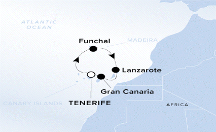 The Ritz-Carlton Evrima A map showing the Atlantic Ocean, Africa and Canary Islands. A line shows the voyage route from Tenerife to Funchal, Lanzarote, Gran Canaria and Tenerife.