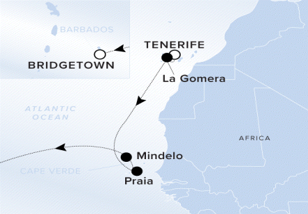 The Ritz-Carlton Evrima A map showing the Atlantic Ocean, Africa and Caribbean Sea. A line shows the voyage route from Tenerife to La Gomera, Praia, Mindelo and Bridgetown.