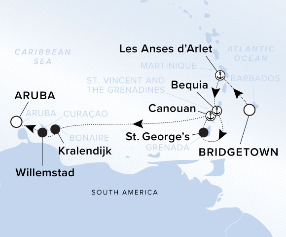 Map of Evrima Voyage 11260116 from Bridgetown to Aruba, visiting Les Anses-d'Arlet, Bequia, St. George's, Canouan, Kralendijk