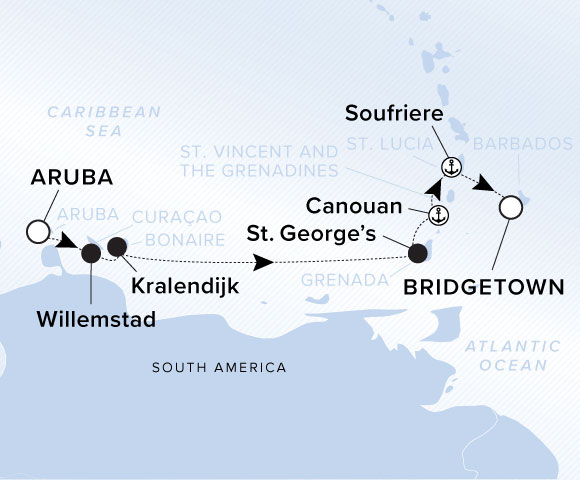 Map of Evrima Voyage 11260201 from Aruba to Bridgetown, visiting Willemstad, Kralendijk, St. George's, Canouan, Soufrière