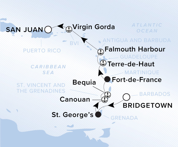 Map of Evrima Voyage 11260215 from Bridgetown to San Juan, visiting St. George's, Canouan, Bequia, Fort-de-France, Terre-De-Haut (Marina Day)