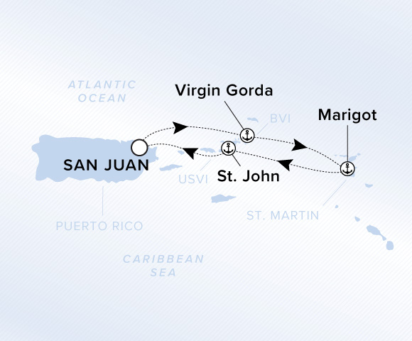 Map of Evrima Voyage 11260226 from San Juan to St. John, visiting Virgin Gorda, Marigot
