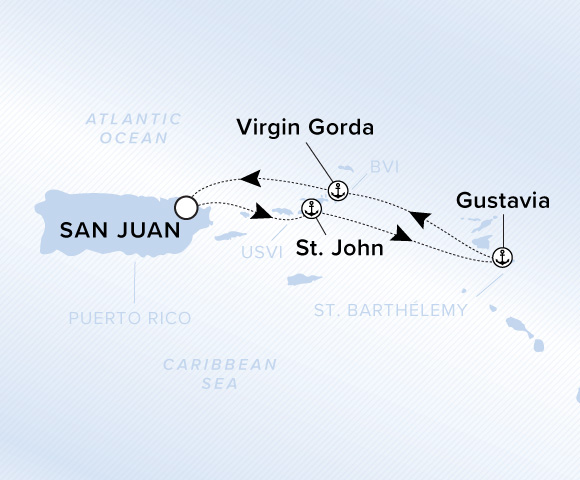 Map of Evrima Voyage 11260308 from San Juan to Virgin Gorda, visiting St. John, Gustavia