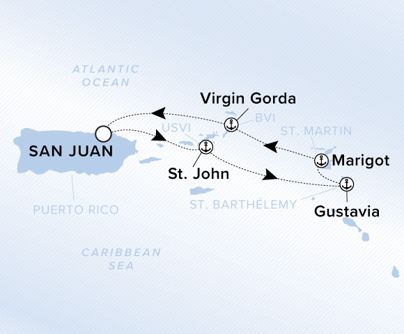 Map of Evrima Voyage 11260315 from San Juan to Virgin Gorda, visiting St. John, Gustavia, Marigot