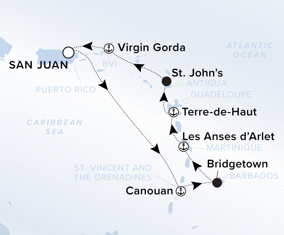 Map of Evrima Voyage 11260320 from San Juan to Virgin Gorda, visiting Canouan, Bridgetown, Les Anses-d'Arlet, Terre-De-Haut (Marina Day), St. John's, Antigua
