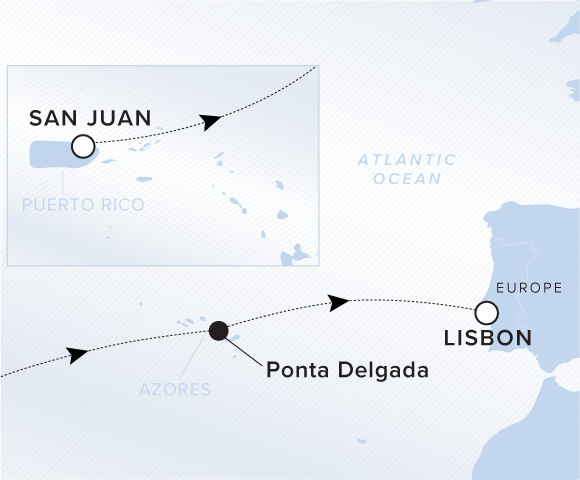 Map of Evrima Voyage 11260411 from San Juan to Lisbon, visiting Ponta Delgada, São Miguel Island, Azores
