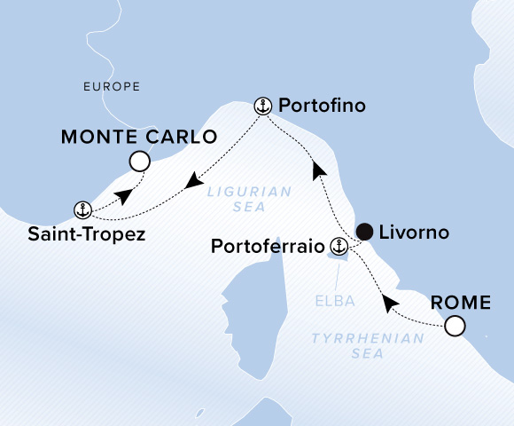 Map of Evrima Voyage 11261012 from Rome (Civitavecchia) to Monte Carlo, visiting Portoferraio, Elba, Livorno, Portofino, Saint-Tropez