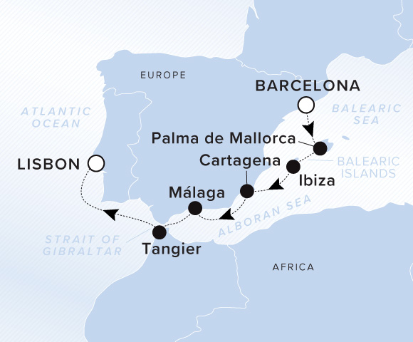 Map of Evrima Voyage 11261024 from Barcelona to Lisbon, visiting Palma de Mallorca, Mallorca, Balearic Islands, Ibiza, Balearic Islands, Cartagena, Málaga, Tangier