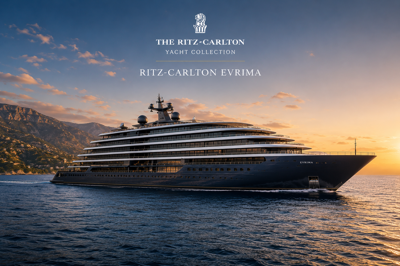 Ritz-Carlton Evrima luxury yacht sailing at sunset