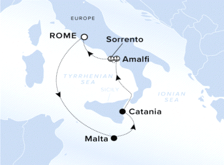 Ritz-Carlton Yacht Cruises 2024 Ilma A voyage starting in Rome, stopping in Malta, Catania, Amalfi, Sorrento, and ending back in Rome. 