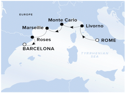 Ritz-Carlton Yacht Cruises 2024 Ilma A map with a line in the mediterrian starting in Rome, stopping in Livorno, Monte Carlo, Marseille, Roses, and ending in Barcelona. 