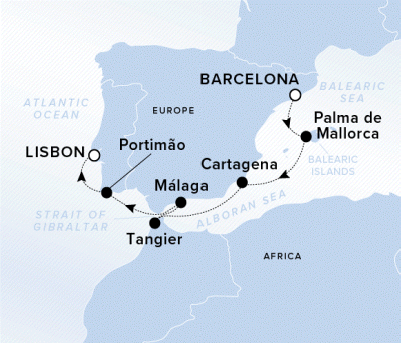 Ritz-Carlton Yacht Cruises 2024 Ilma A map with a line in the med starting in Barcelona, stopping in Palma de Mallorca, Cartagena, Malaga, Tangier, Porimao, ending in Lisbon. 