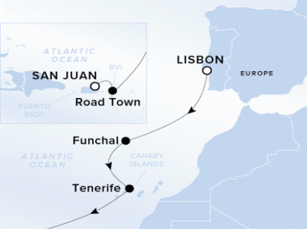 Ritz-Carlton Yacht Cruises 2024 Ilma A Transatlantic voyage starting in Lisbon, Funchal, Tenerife, Road Town, and ending in San Juan. 