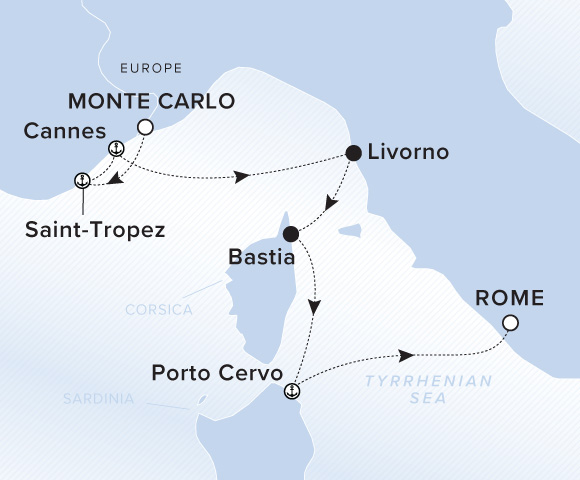 Map of Ilma Voyage 12240902, Monte Carlo to Rome
