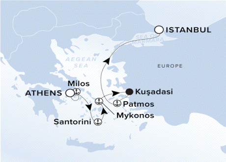 Ritz-Carlton Yacht Cruises 2025 Ilma Itinerary A map of the Aegean Sea and Greek Isles. A line starting in Athens going to Milos, Santorini, Mykonos, Kusadasi, Patmos and ending in Istanbul.