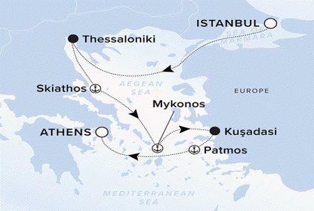 Ritz-Carlton Yacht Cruises 2025 Ilma Itinerary A map of the Aegean Sea with a line starting in Istanbul going to Thessaloniki, Skiathos, Mykonos, Kusadasi, Patmos and ending in Athens. 
