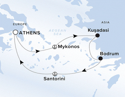 Ritz-Carlton Yacht Cruises 2025 Ilma Itinerary A map of the Aegean Sea and Greek Isles. A line starting in Athens going to Mykonos, Kusadasi, Bodrum, Santorini and ending back in Athens. 