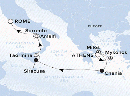 Ritz-Carlton Yacht Cruises 2025 Ilma Itinerary A map of the Mediterranean Sea with a line starting in Athens going to Mykonos, Milos, Chania, Siracusa, Taormina, Amalfi, Sorrento and ending in Rome. 