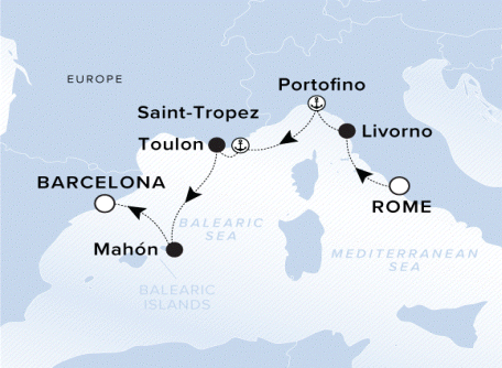 Ritz-Carlton Yacht Cruises 2025 Ilma Itinerary A map of the Balearic and Mediterranean Sea. A line starting in Rome going to Livrono, Portofino, Saint-Tropez, Toulon, Mahon and ending in Barcelona. 