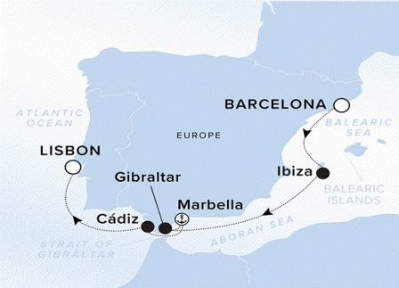Ritz-Carlton Yacht Cruises 2025 Ilma Itinerary A map of Spain and Portugal. A line starting in Barcelona going to Ibiza, Gibraltar, Marbella, Cadiz and ending in Lisbon. 
