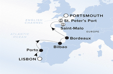 Ritz-Carlton Yacht Cruises 2025 Ilma Itinerary A map of Western Europe with a line starting in Lisbon going to Porto, Bilbao, Bordeaux, Saint-Malo, St. Peter's Port and ending in Portsmouth. 
