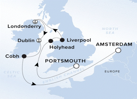 Ritz-Carlton Yacht Cruises 2025 Ilma Itinerary A map of the United Kingdom and Ireland with a line starting in Portsmouth going to Holyhead, Liverpool, Londonderry, Dublin, Cobh and sailing through the English Channel to Amsterdam. 