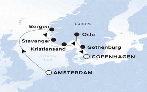 Ritz-Carlton Yacht Cruises 2025 Ilma Itinerary A map of the North Sea with a line starting in Amsterdam going to Bergen, Stavanger, Kristiansand, Oslo, Gothenburg and ending in Copenhagen. 