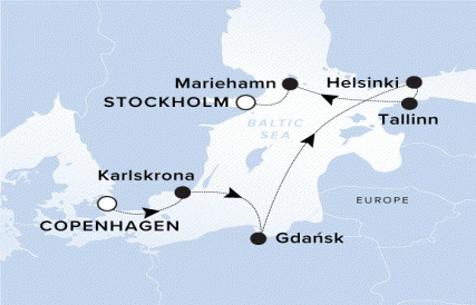 Ritz-Carlton Yacht Cruises 2025 Ilma Itinerary A map of the Baltic Sea with a line starting in Copenhagen going to Karlskrona, Gdansk, Helsinki, Tallinn, Mariehamn and ending in Stockholm.