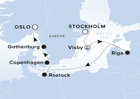 Ritz-Carlton Yacht Cruises 2025 Ilma Itinerary A map of the Baltic Sea with a line starting in Stockholm going to Visby, Riga, Rostock, Copenhagen, Gothenburg and ending in Oslo. 