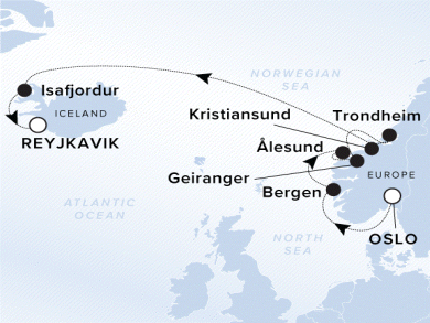 Ritz-Carlton Yacht Cruises 2025 Ilma Itinerary A map of Norway and Iceland. A line starting in Oslo going to Bergen, Alesund, Geiranger, Trondheim, Kristiansund, Isafjordur and ending in Reykjavik. 