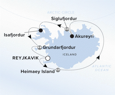 Ritz-Carlton Yacht Cruises 2025 Ilma Itinerary A map of Iceland with a line starting in Reykjavik and going eastward to Heimaey Island, then sailing the Arctic Circle to Akureyri. The line continues westward to Siglufjordur, then Isafjordur, Grundarfjordur and ends back in Reykjavik.