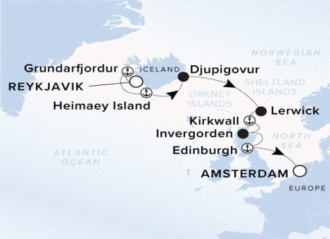 Ritz-Carlton Yacht Cruises 2025 Ilma Itinerary A map of Iceland and Northern Europe. A line starting in Reykjavik going to Grundarfjordur, Heimaey Island, and Djupigovur Iceland, then continuing on to the UK stopping in Lerwick, Kirkwall, Invergorden, Edinburgh and ending in Amsterdam.