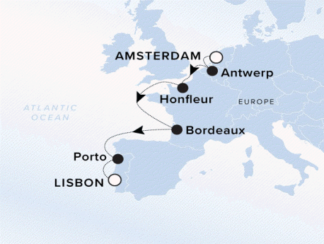Ritz-Carlton Yacht Cruises 2025 Ilma Itinerary A map of Western Europe with a line starting in Amsterdam and going to Antwerp, Honfluer, Bordeaux, Porto and ending in Lisbon.