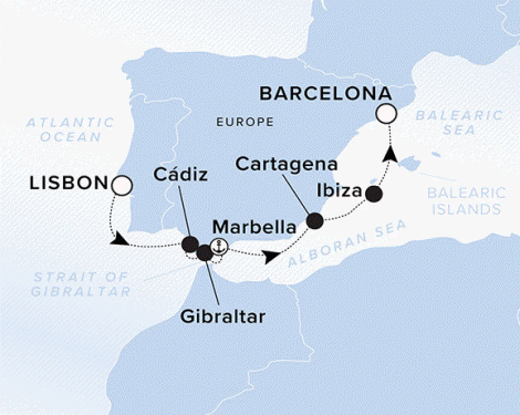 Ritz-Carlton Yacht Cruises 2025 Ilma Itinerary A map of Spain and Portugal. A line starting in Lisbon going to Cadiz, Gibraltar, Marbella, Cartagena, Ibiza and ending in Barcelona.
