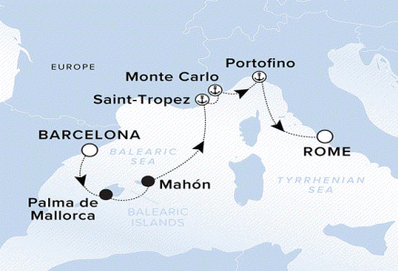 Ritz-Carlton Yacht Cruises 2025 Ilma Itinerary A map of the Balearic Sea. A line starting in Barcelona going to Palma de Mallorca, Mahon, Saint-Tropez, Monte Carlo, Portofino and ending in Rome.