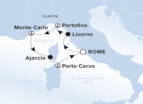 Ritz-Carlton Yacht Cruises 2025 Ilma Itinerary A map of Italy with a line starting in Rome, then continuing to Livorno, Portofino, Monte Carlo, Ajaccio, Porto Cervo and ending back in Rome.