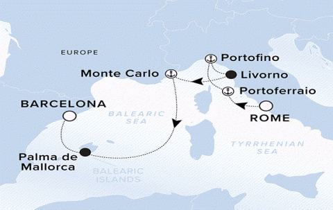 Ritz-Carlton Yacht Cruises 2025 Ilma Itinerary A map of the Mediterranean with a line starting in Rome, then continuing to Portoferraio, Portofino, Livorno, Monte Carlo, Palma de Mallorca and ending in Barcelona.
