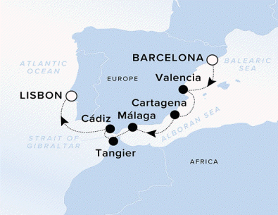 Ritz-Carlton Yacht Cruises 2025 Ilma Itinerary A map of Spain, Portugal and Africa. A line starting in Barcelona going through the Balearic Sea to Valencia, Cartagena, Malaga, Tangier, Cadiz and ending in Lisbon.